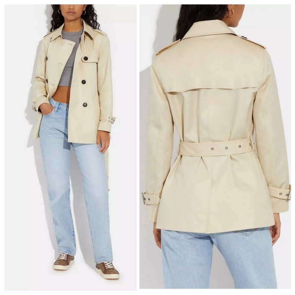 Coach Solid Short Trench Coat Beige Preppy Utilitarian Film Noir Minimalist XS
